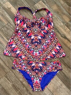 BECCA Womens Multicolor Pink Blue Tankini Swim Set